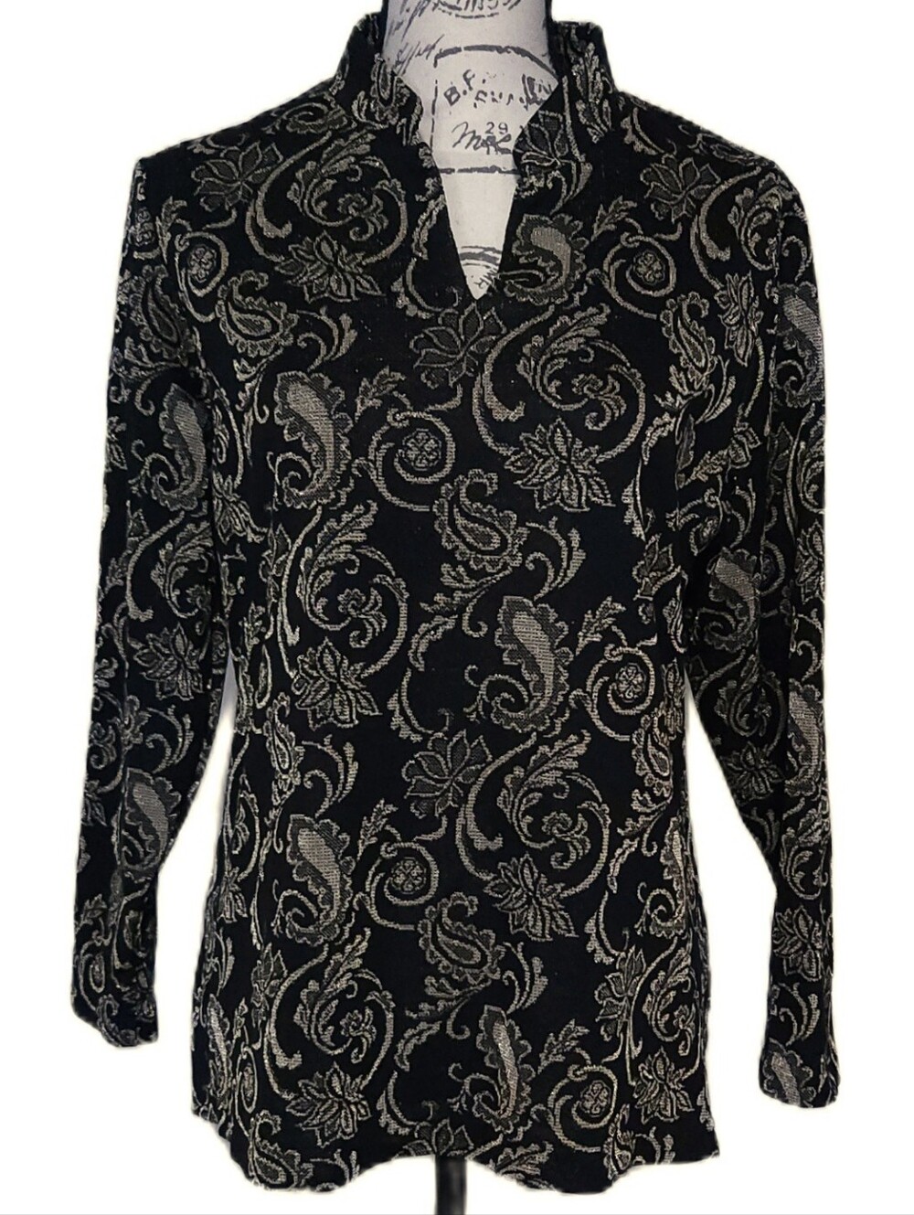 Vintage Anthony Richards High Collar Black Blouse with Gold Paisley Motif EUC